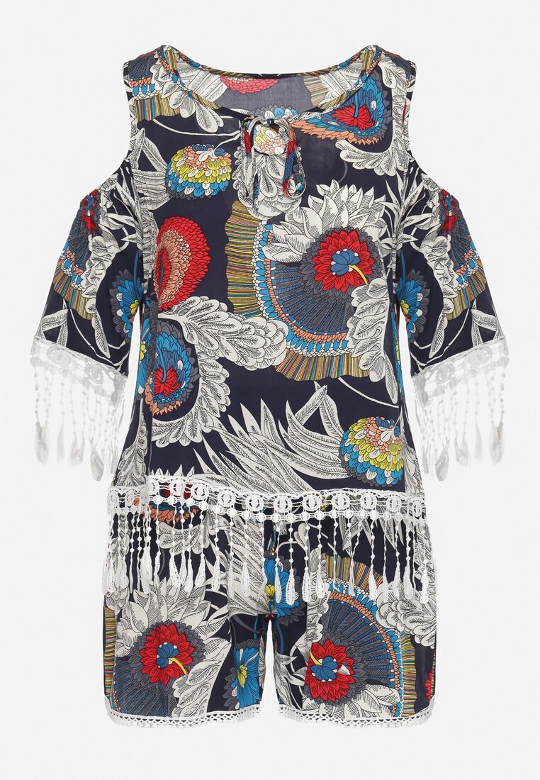  Compleu Bleumarin Decorat cu franjuri cu imprimeu abstract Tricou cu decupaje la umeri și Pantaloni scurți Setella