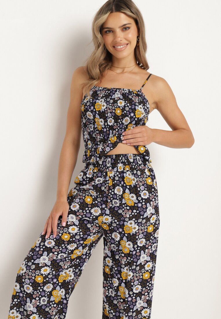  Compleu bleumarin din bumbac Top cu bretele cu încrețituri Pantaloni cu elastic în talie Elaruth