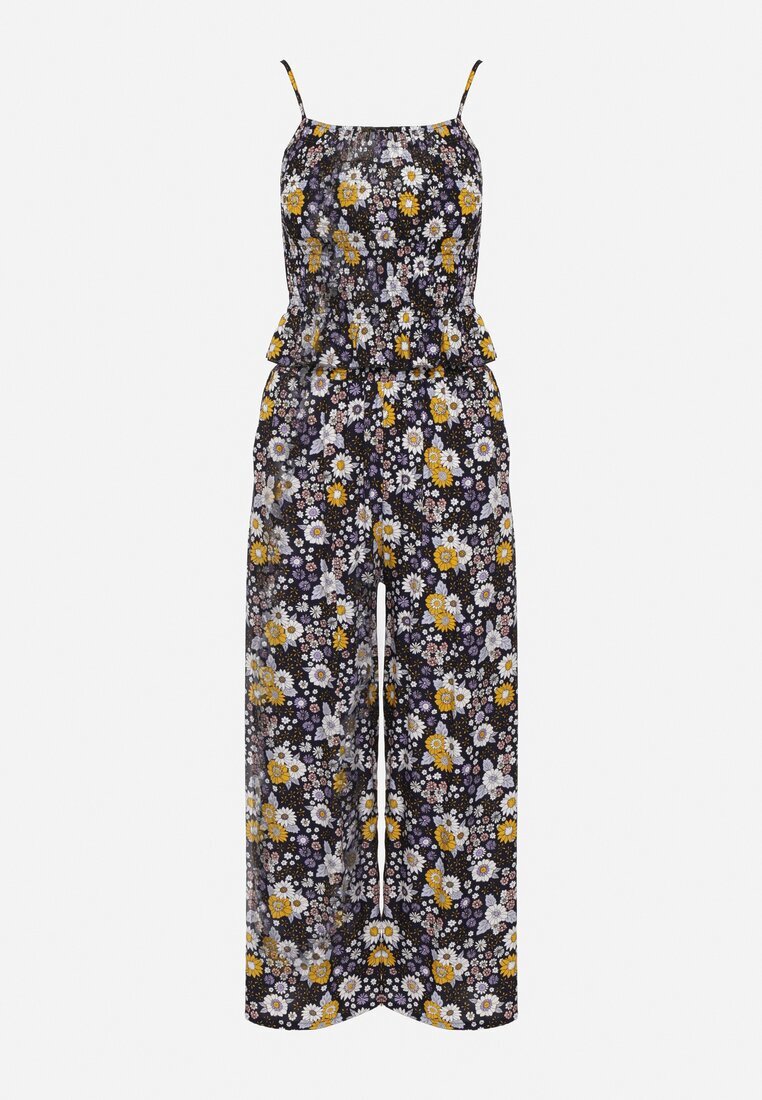  Compleu bleumarin din bumbac Top cu bretele cu încrețituri Pantaloni cu elastic în talie Elaruth