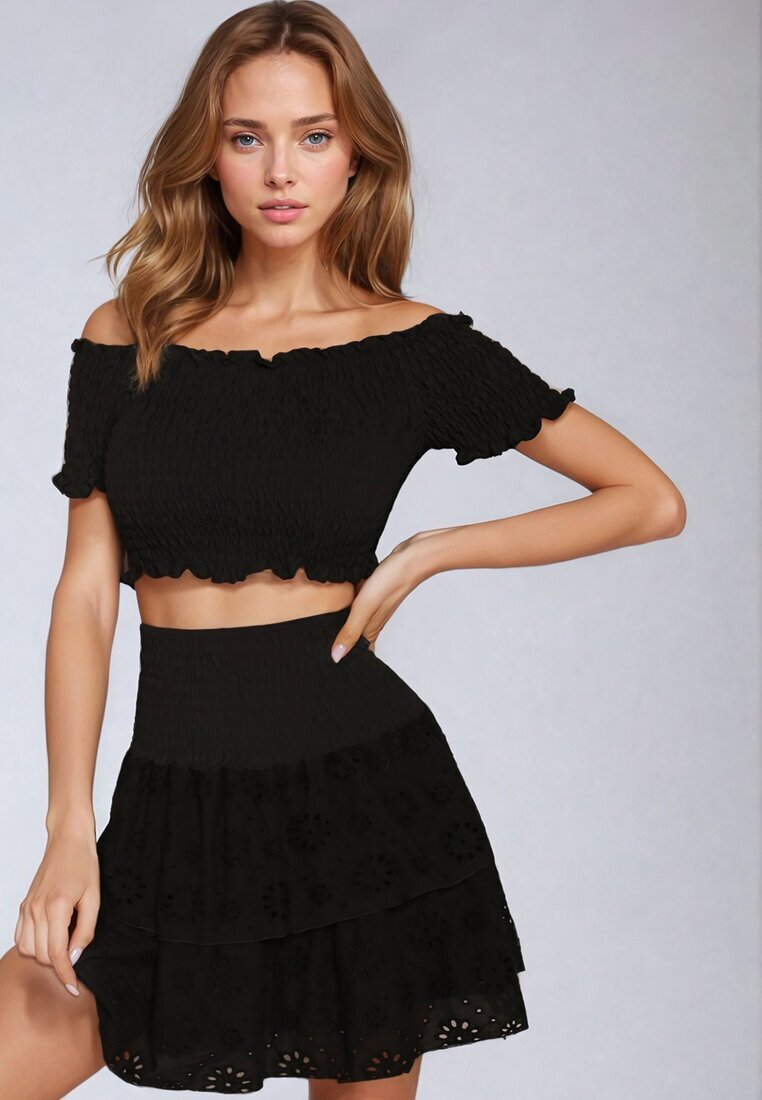  Compleu de bumbac negru Top carmen Fustă ajurată cu elastic în talie Vimabelle