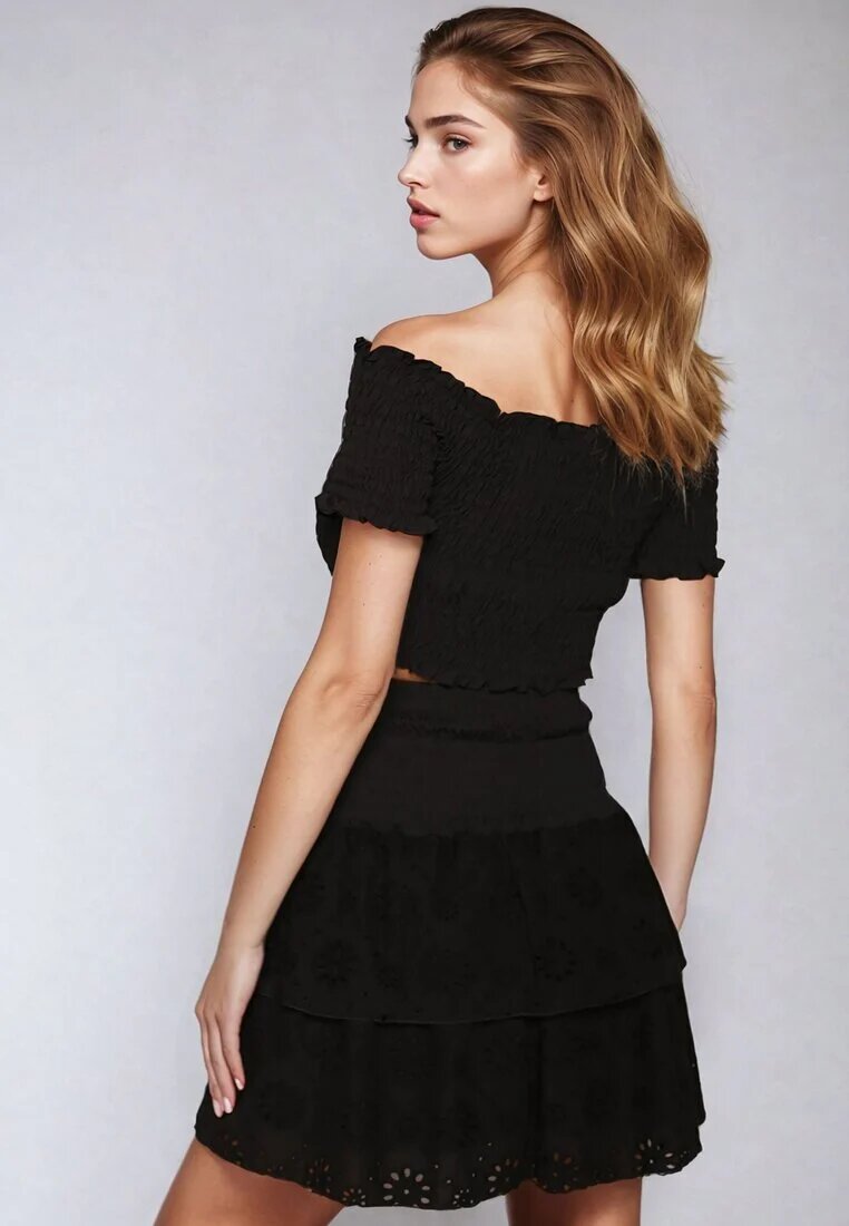 Compleu de bumbac negru Top carmen Fustă ajurată cu elastic în talie Vimabelle