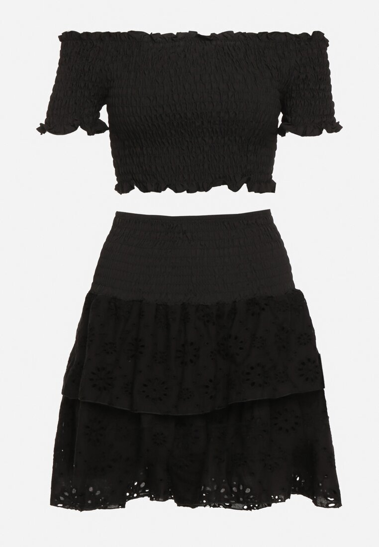  Compleu de bumbac negru Top carmen Fustă ajurată cu elastic în talie Vimabelle