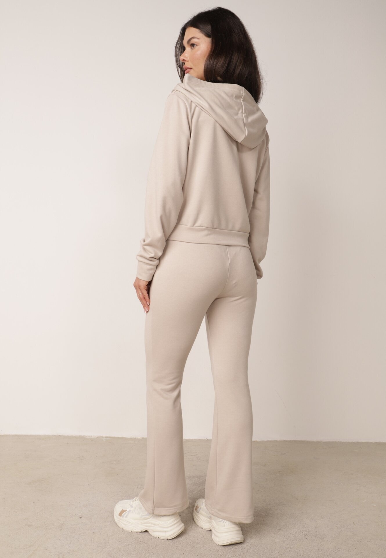  Compleu de trening bej de bumbac Bluză cu glugă și Pantaloni clopot Nanre