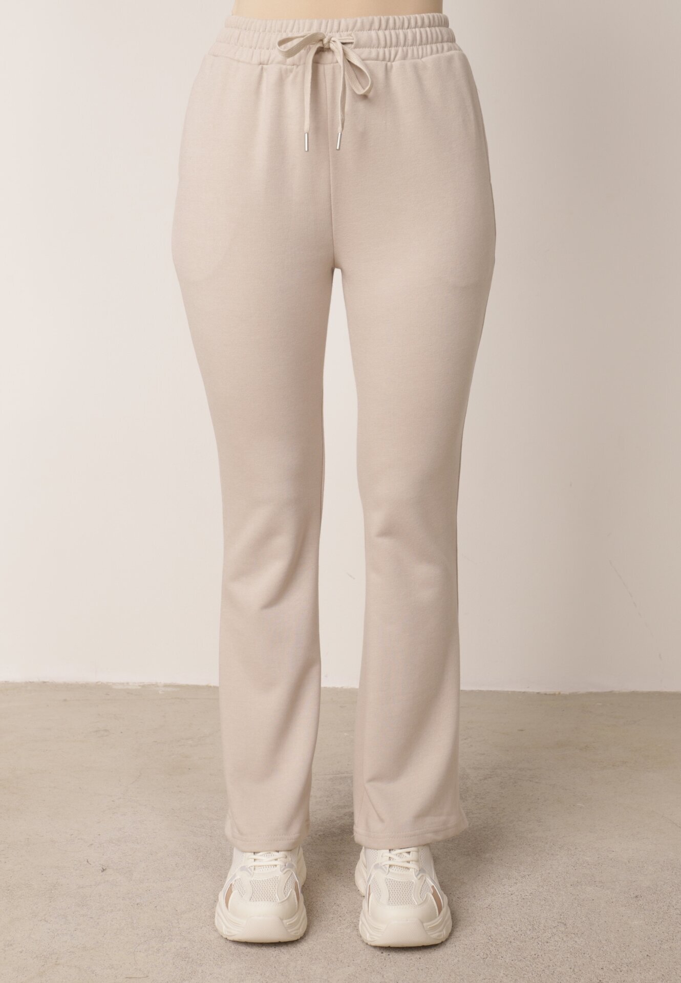  Compleu de trening bej de bumbac Bluză cu glugă și Pantaloni clopot Nanre