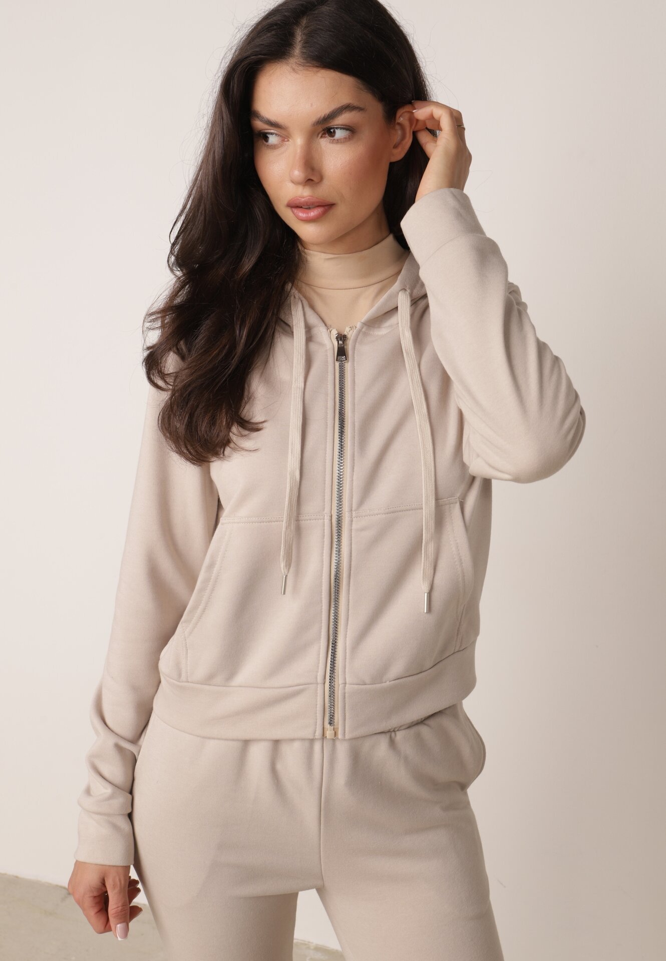  Compleu de trening bej de bumbac Bluză cu glugă și Pantaloni clopot Nanre