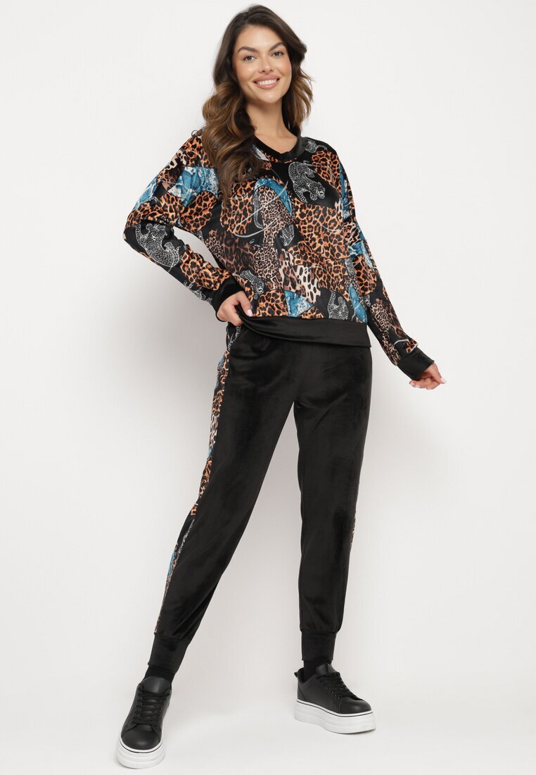  Compleu de Trening din Velur Negru-Bej cu Imprimeu Leopard Bluză și Pantaloni cu Dungi Laterale și Talie Elastică Ivalethe