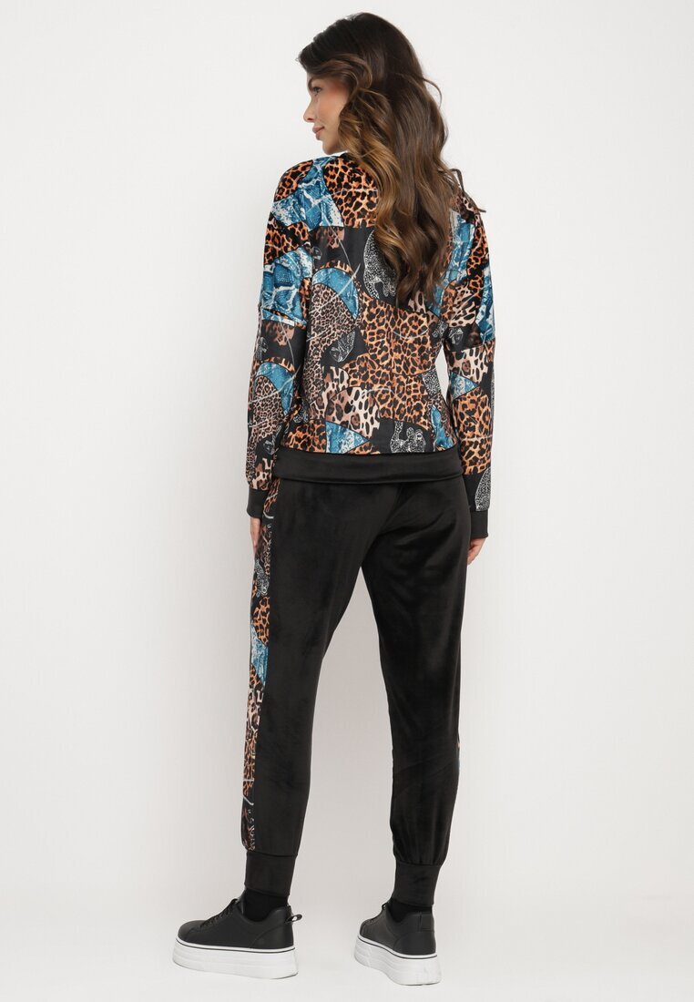  Compleu de Trening din Velur Negru-Bej cu Imprimeu Leopard Bluză și Pantaloni cu Dungi Laterale și Talie Elastică Ivalethe
