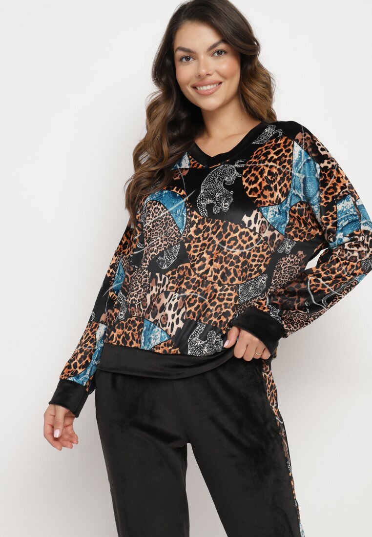  Compleu de Trening din Velur Negru-Bej cu Imprimeu Leopard Bluză și Pantaloni cu Dungi Laterale și Talie Elastică Ivalethe