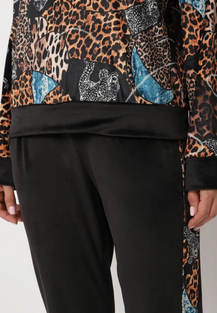 Compleu de Trening din Velur Negru-Bej cu Imprimeu Leopard Bluză și Pantaloni cu Dungi Laterale și Talie Elastică Ivalethe