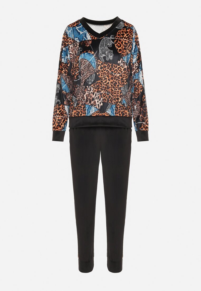  Compleu de Trening din Velur Negru-Bej cu Imprimeu Leopard Bluză și Pantaloni cu Dungi Laterale și Talie Elastică Ivalethe