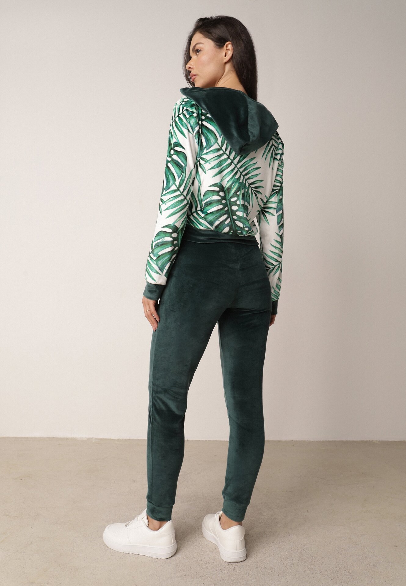  Compleu de trening verde închis din velur Bluză cu glugă cu model decorativ și Pantaloni Grouvia