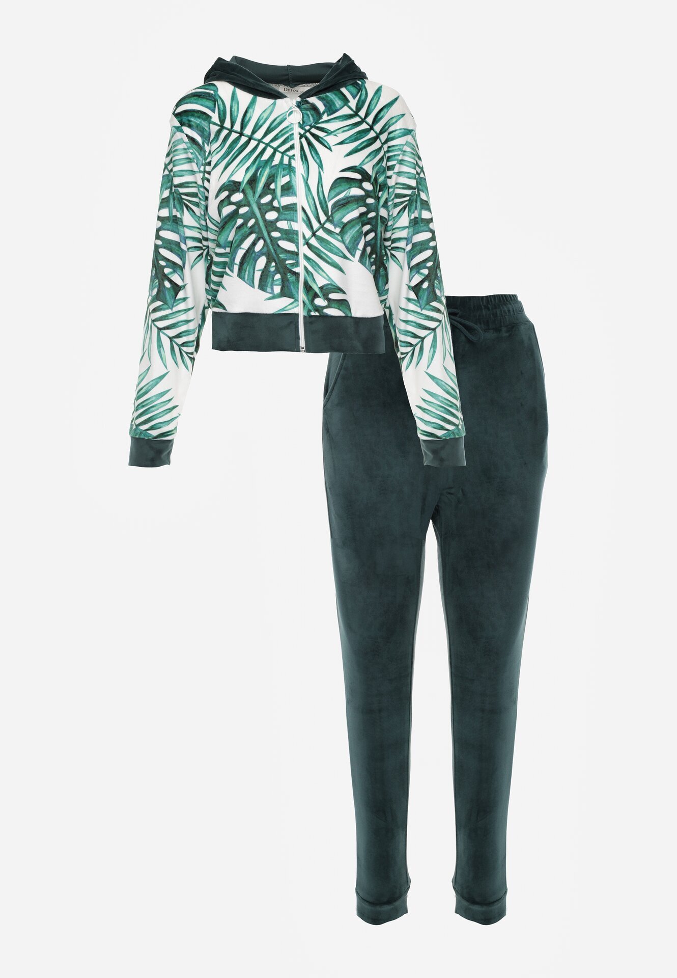  Compleu de trening verde închis din velur Bluză cu glugă cu model decorativ și Pantaloni Grouvia