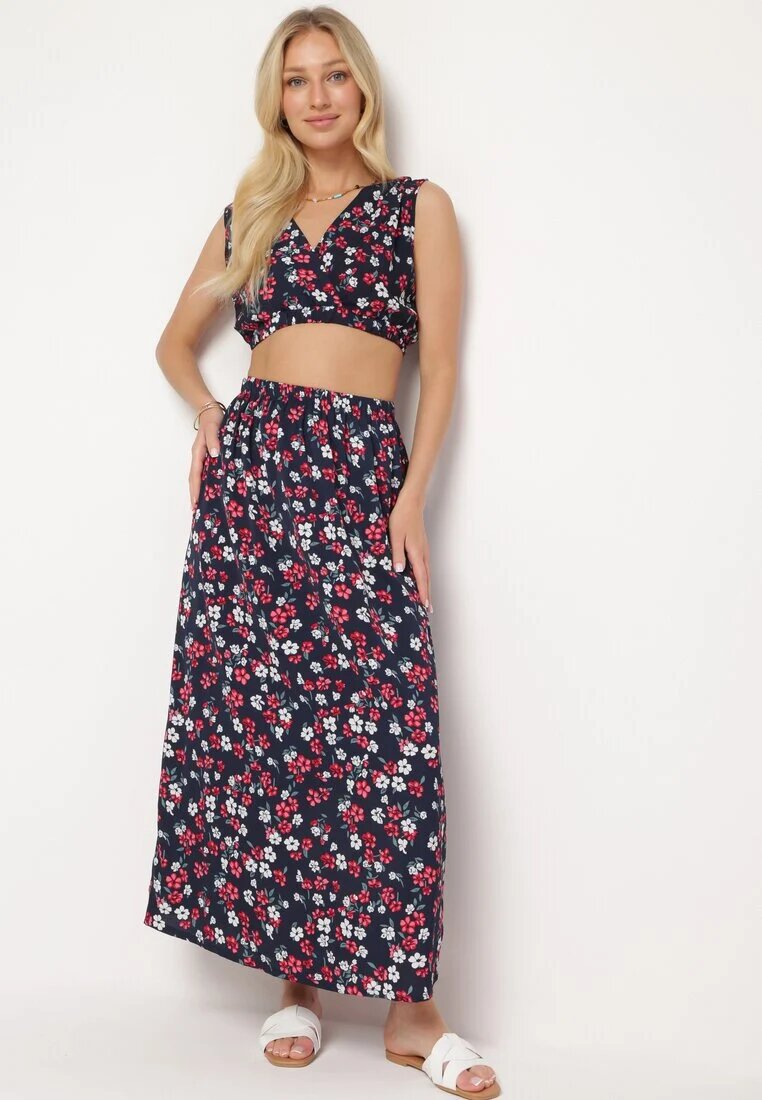  Compleu din două piese bleu-marin și roșu cu imprimeu floral top cu bretele fustă cu elastic în talie Dimantia
