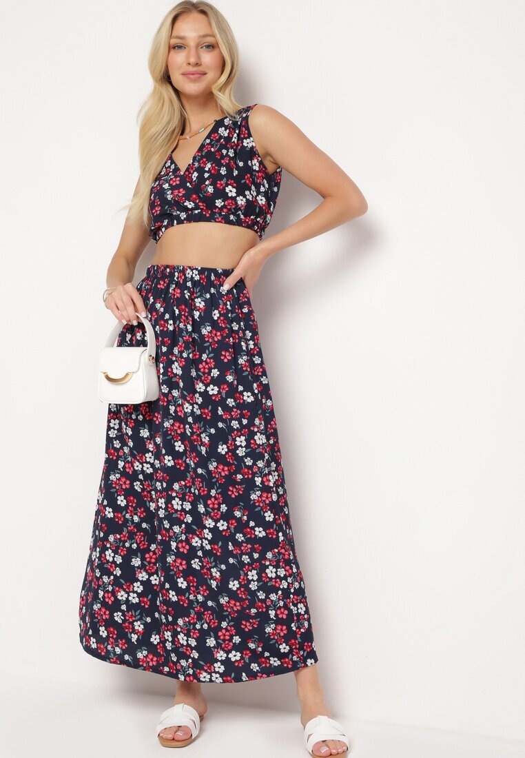  Compleu din două piese bleu-marin și roșu cu imprimeu floral top cu bretele fustă cu elastic în talie Dimantia