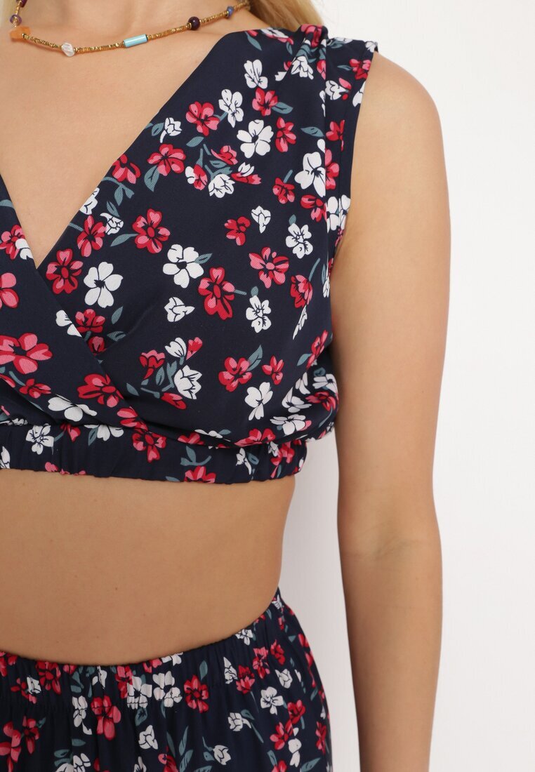  Compleu din două piese bleu-marin și roșu cu imprimeu floral top cu bretele fustă cu elastic în talie Dimantia