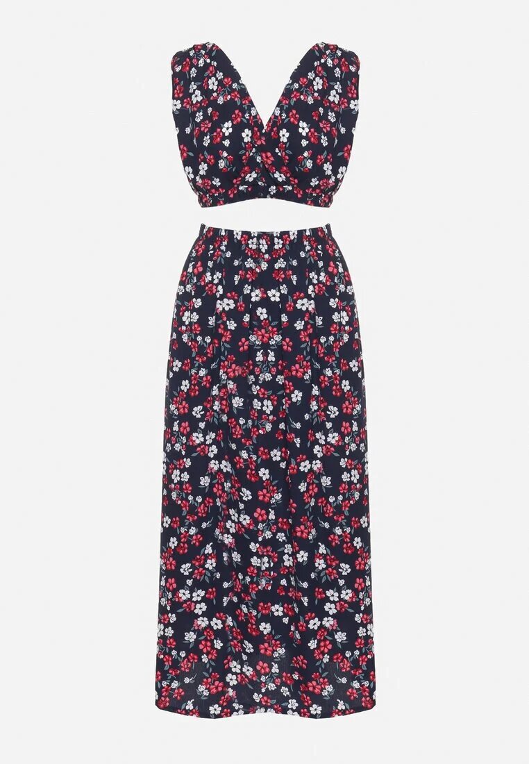 Compleu din două piese bleu-marin și roșu cu imprimeu floral top cu bretele fustă cu elastic în talie Dimantia