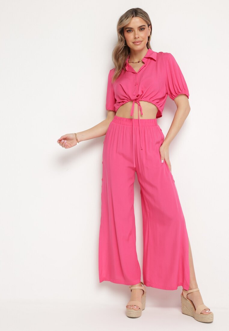  Compleu fucsia din bumbac cu cămașă scurtă și pantaloni largi cu fante Denara