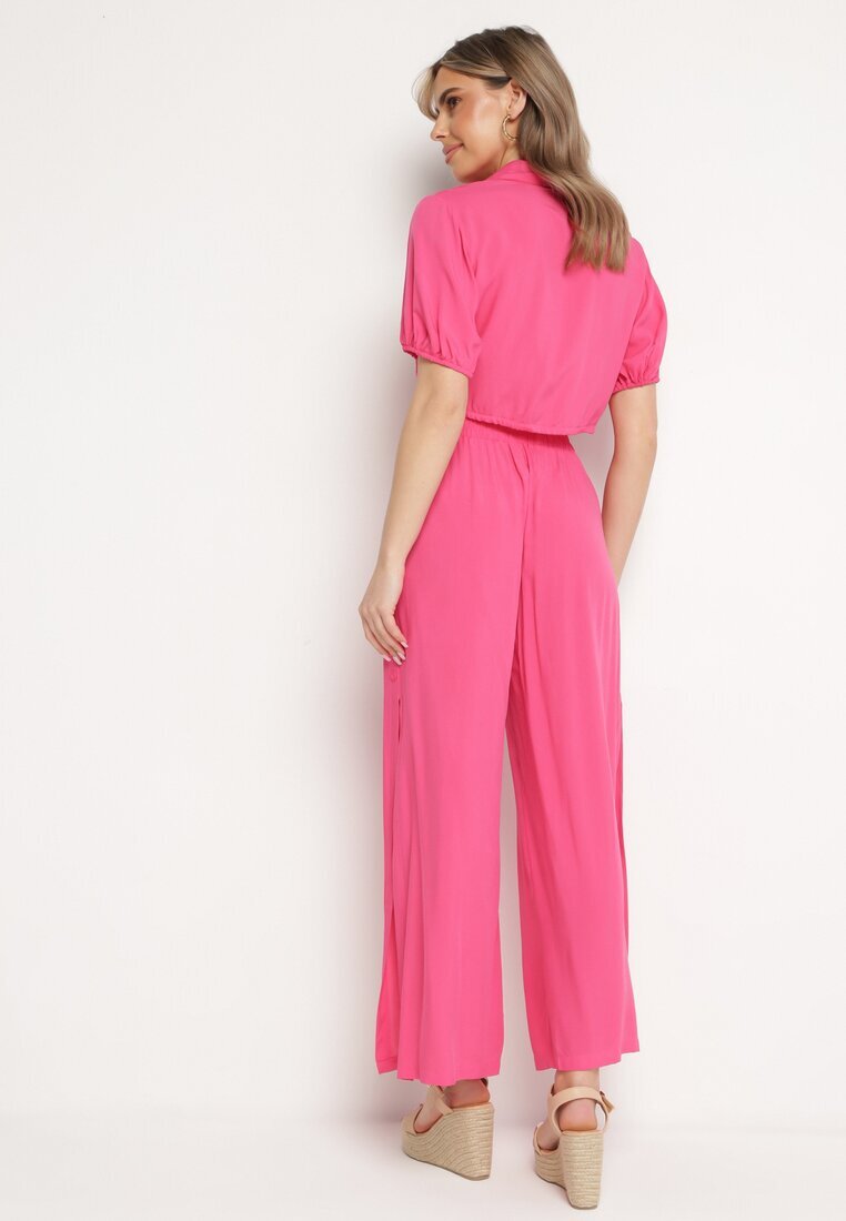  Compleu fucsia din bumbac cu cămașă scurtă și pantaloni largi cu fante Denara