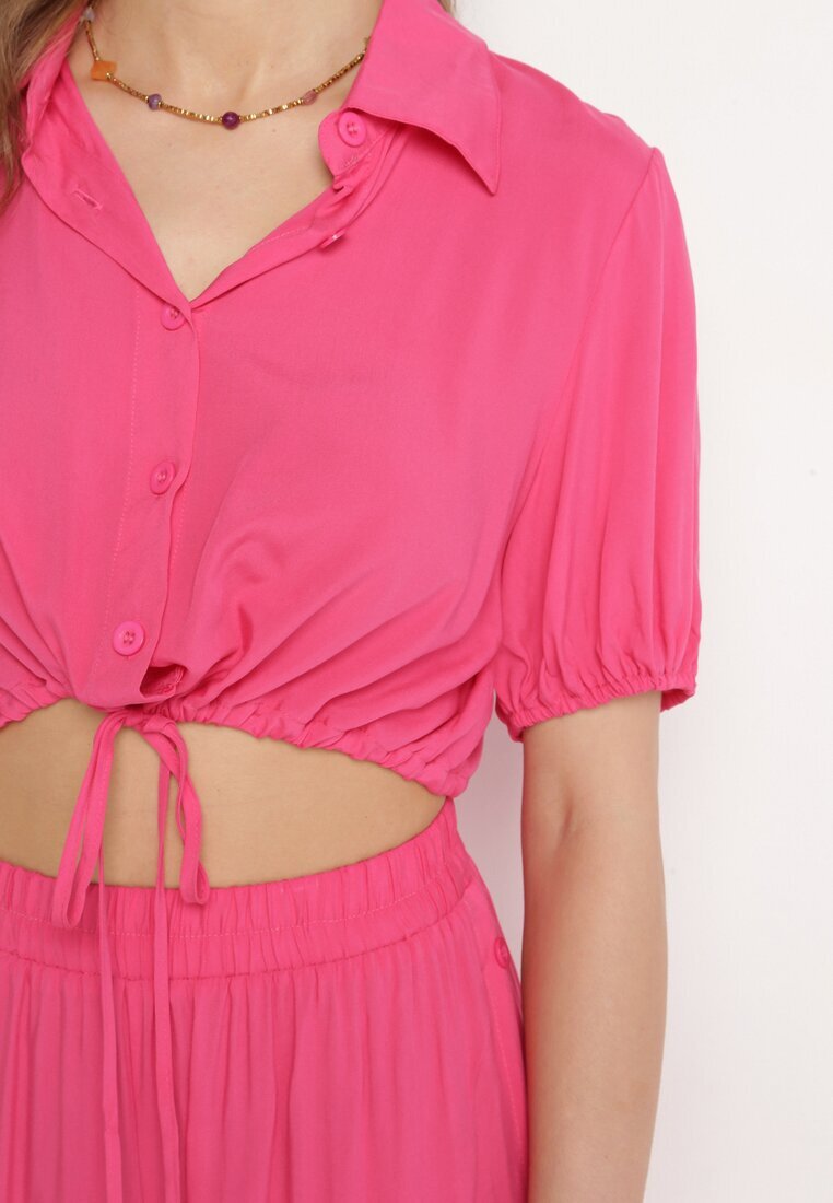  Compleu fucsia din bumbac cu cămașă scurtă și pantaloni largi cu fante Denara