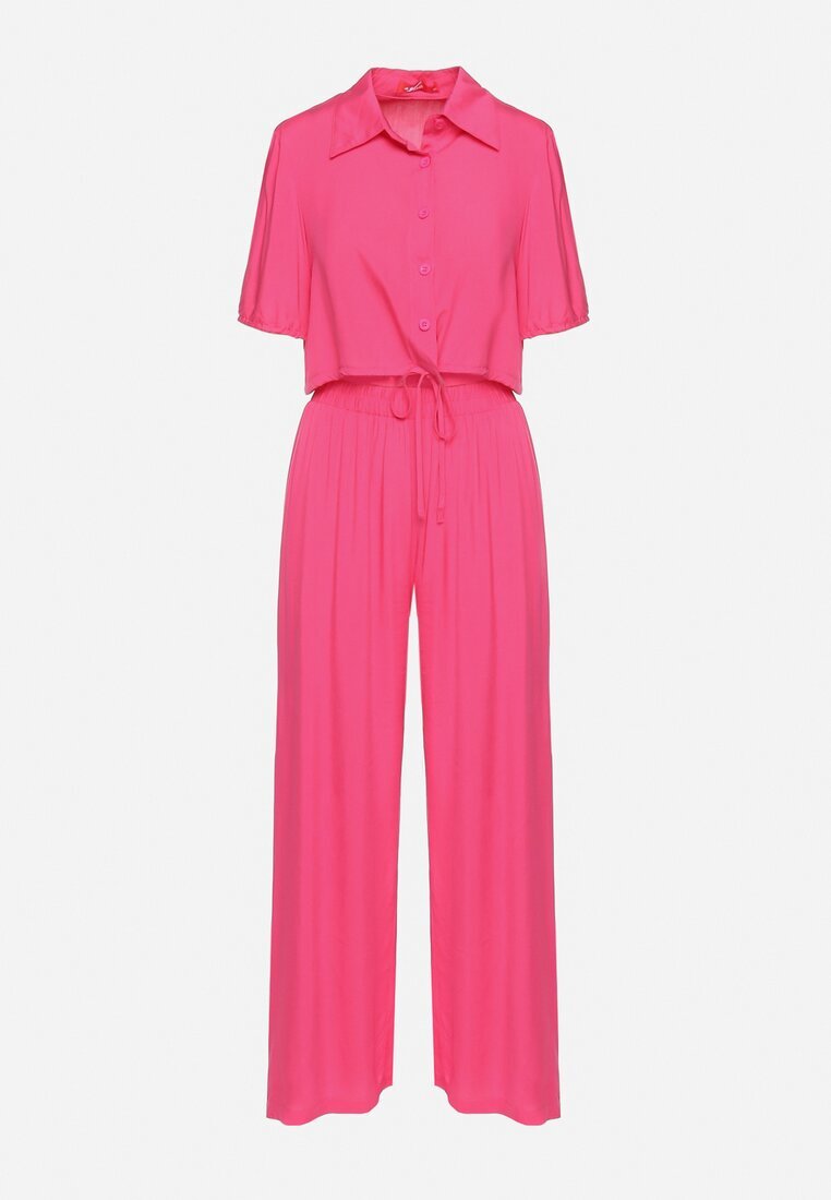  Compleu fucsia din bumbac cu cămașă scurtă și pantaloni largi cu fante Denara