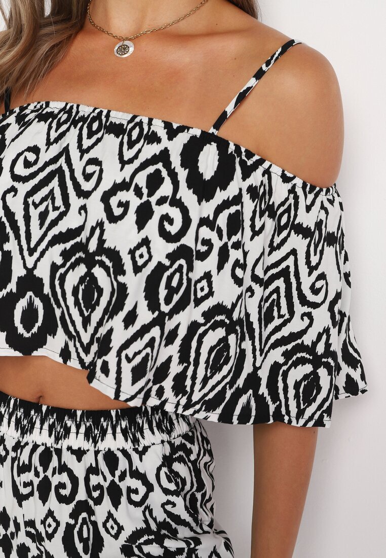  Compleu Negru-Alb din bumbac Bluză cu bretele Pantaloni cu elastic în talie Charivia