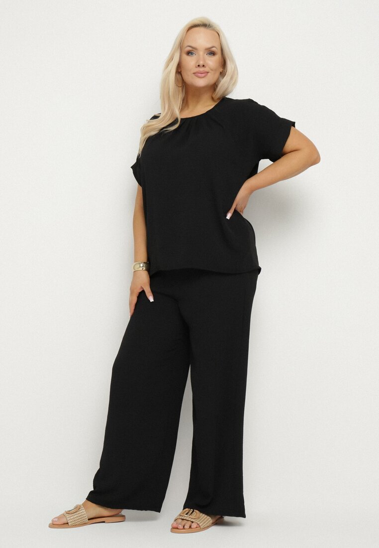  Compleu Negru cu Bumbac Bluză cu Încrețituri și Pantaloni Largi Jenindriela