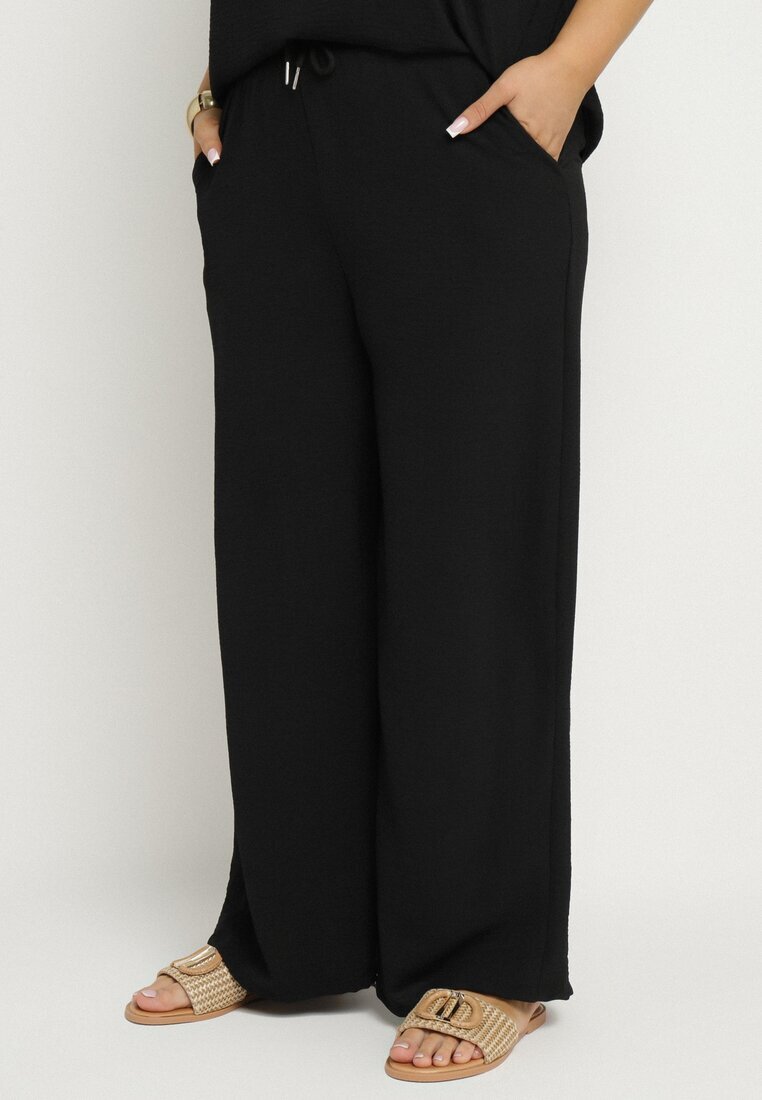  Compleu Negru cu Bumbac Bluză cu Încrețituri și Pantaloni Largi Jenindriela