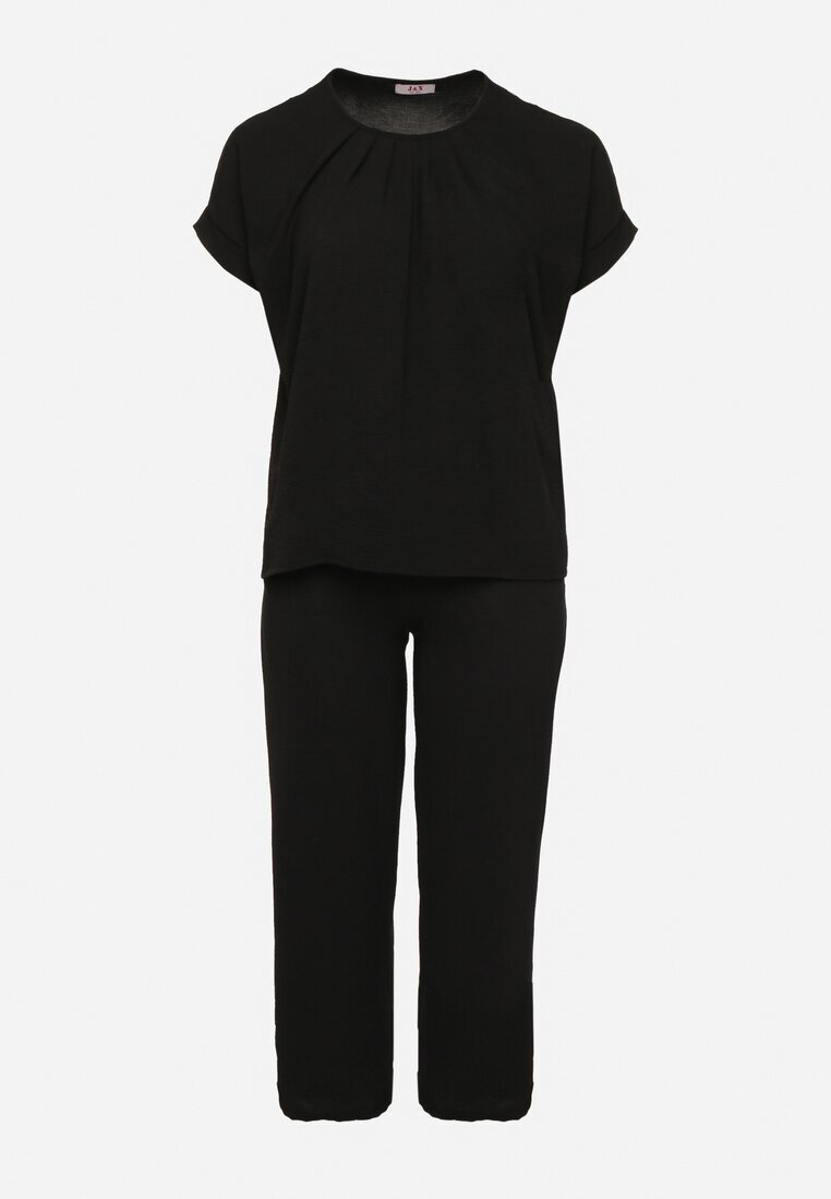  Compleu Negru cu Bumbac Bluză cu Încrețituri și Pantaloni Largi Jenindriela
