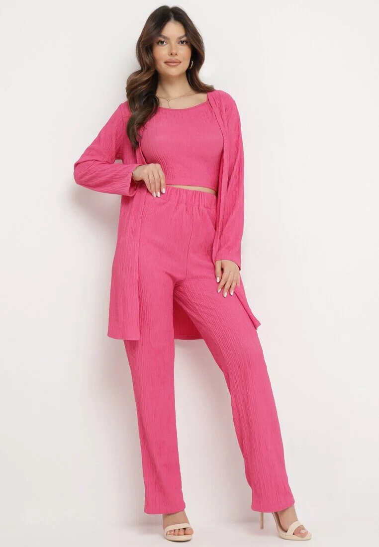  Compleu Roz din Material Reiat Cămașă Top și Pantaloni Largi Ratels