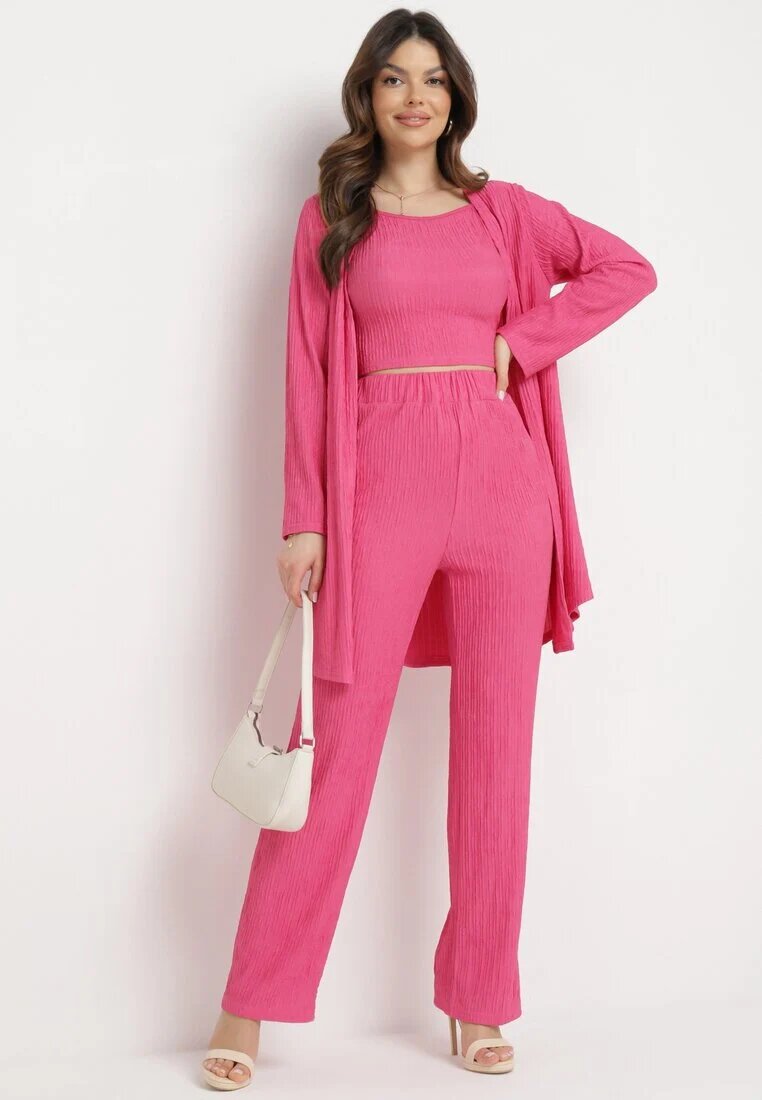  Compleu Roz din Material Reiat Cămașă Top și Pantaloni Largi Ratels
