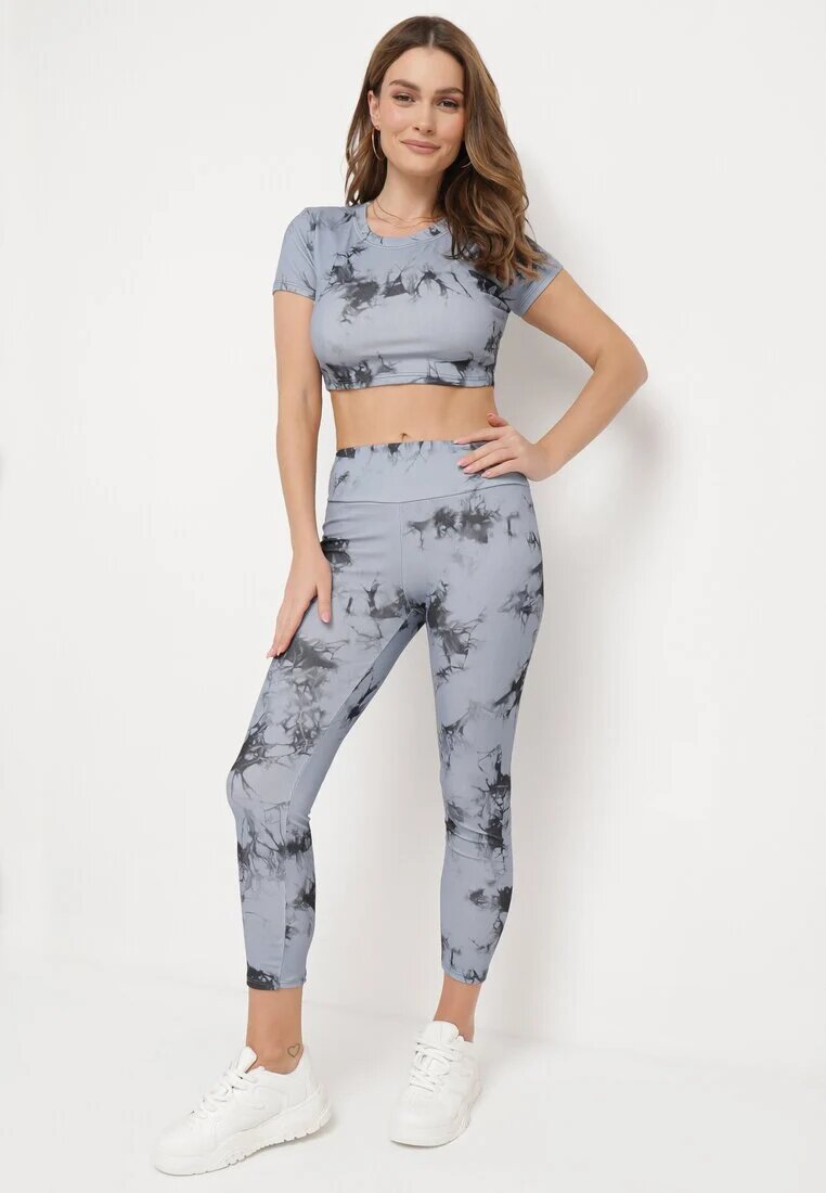  Compleu sport Gri cu model Tie-Dye Top cu mâneci scurte și Colanți Larvena