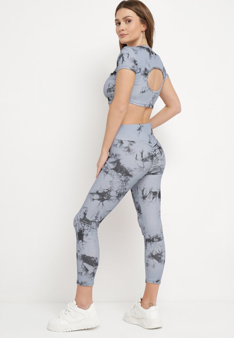 Compleu sport Gri cu model Tie-Dye Top cu mâneci scurte și Colanți Larvena