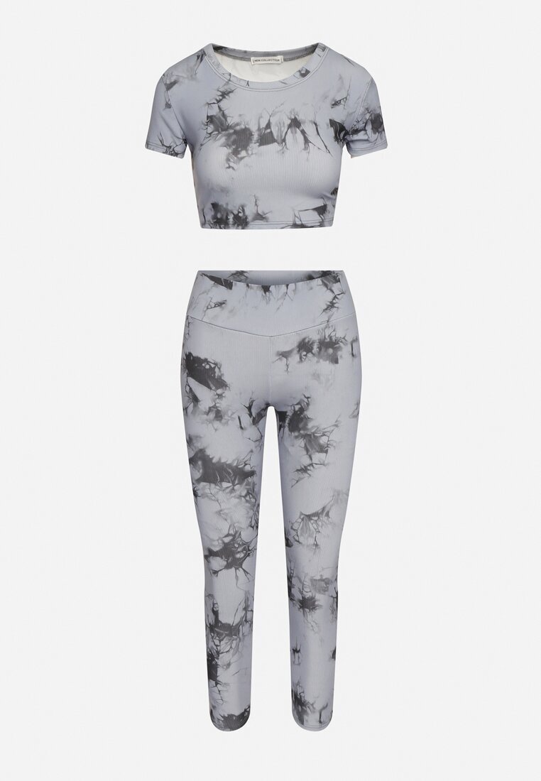  Compleu sport Gri cu model Tie-Dye Top cu mâneci scurte și Colanți Larvena