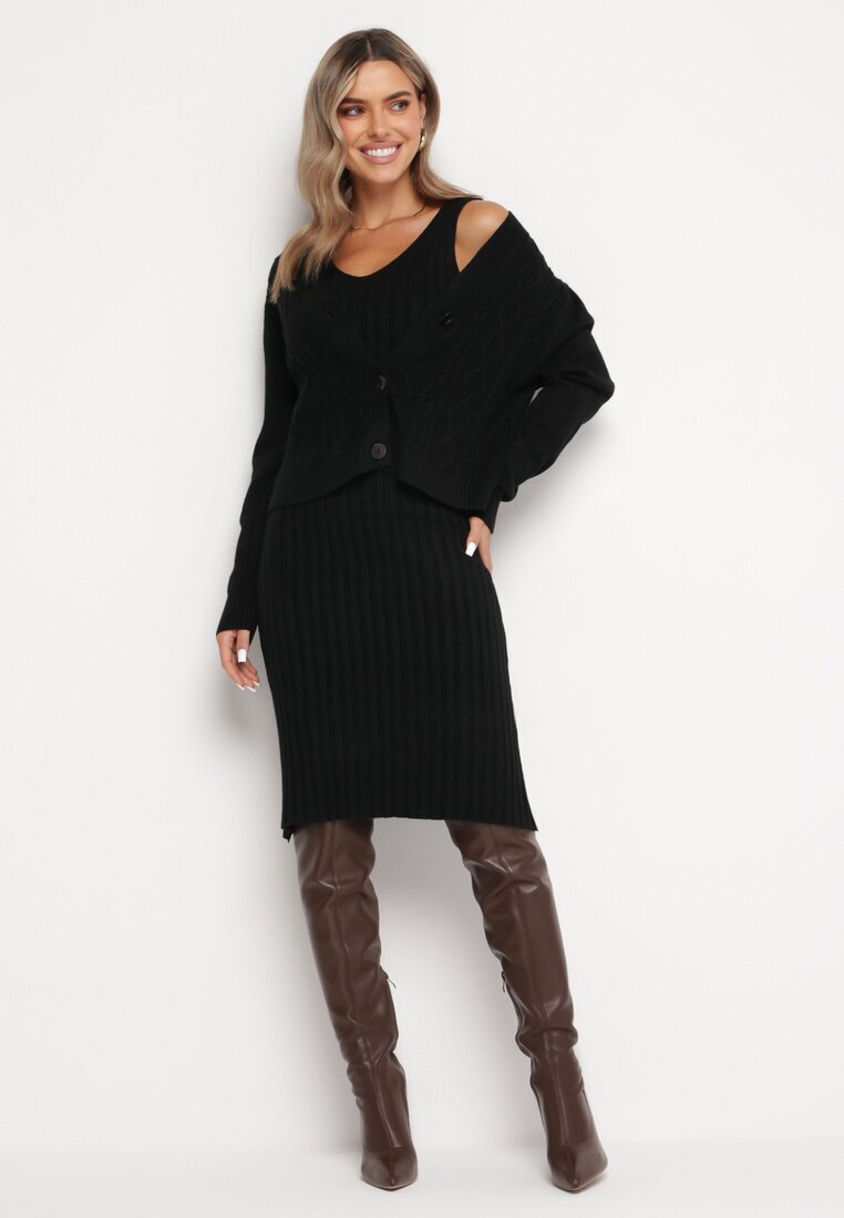  Compleu tricotat 2 piese Negru cu Cardigan și Rochie Maranasa