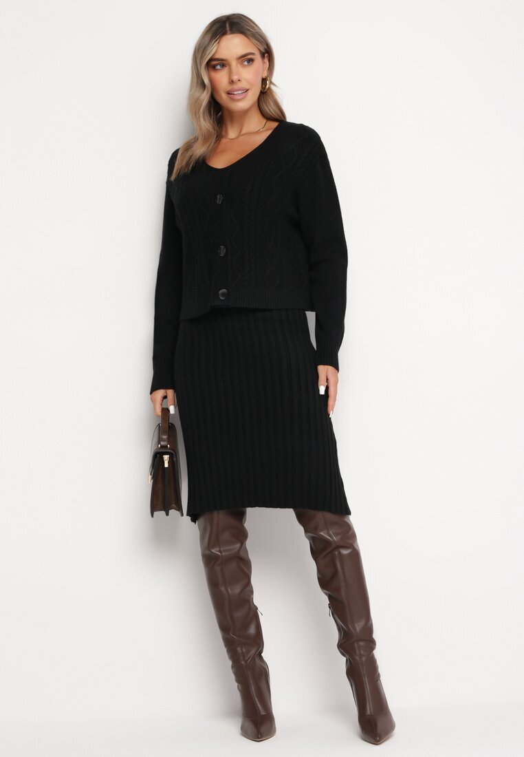  Compleu tricotat 2 piese Negru cu Cardigan și Rochie Maranasa