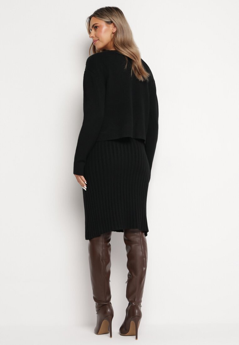  Compleu tricotat 2 piese Negru cu Cardigan și Rochie Maranasa