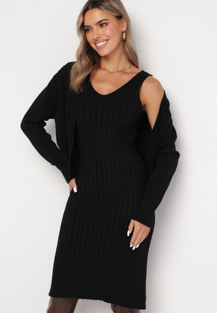  Compleu tricotat 2 piese Negru cu Cardigan și Rochie Maranasa