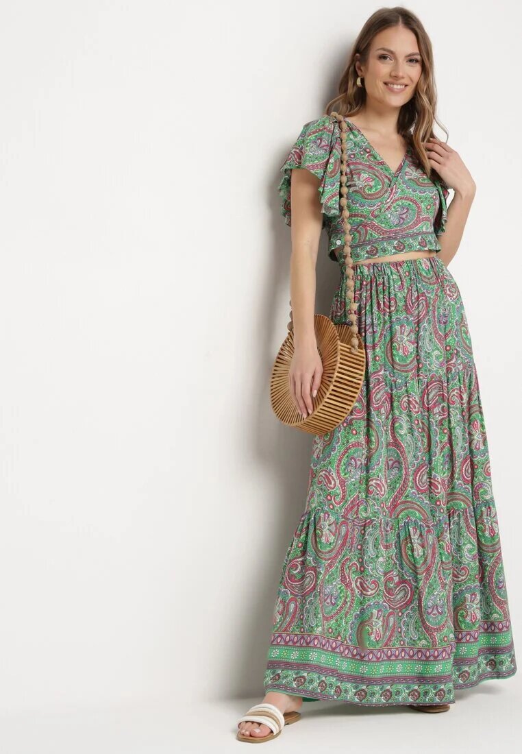  Compleu Verde din 2 piese cu model Paisley din Viscoză Fustă Maxi și Bluză petrecută Wabila