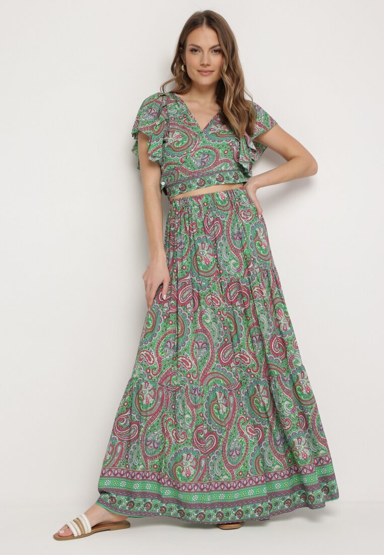  Compleu Verde din 2 piese cu model Paisley din Viscoză Fustă Maxi și Bluză petrecută Wabila