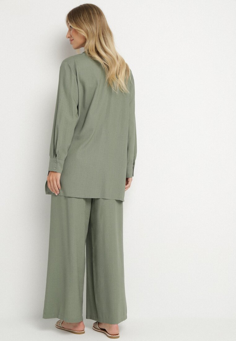  Compleu Verde din Viscoză Cămașă cu nasturi Pantaloni Largi cu talie elastică Tinasiam