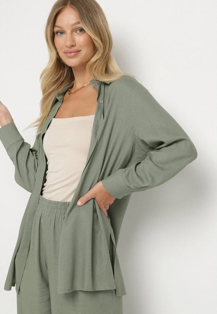  Compleu Verde din Viscoză Cămașă cu nasturi Pantaloni Largi cu talie elastică Tinasiam