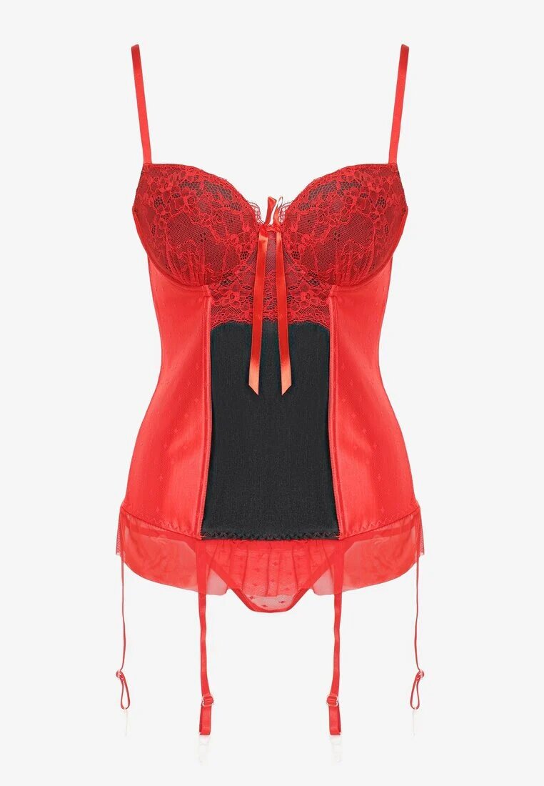  Corset din Dantelă Roșu-Negru cu Bretele Reglabile cu Chiloți String Cmiella