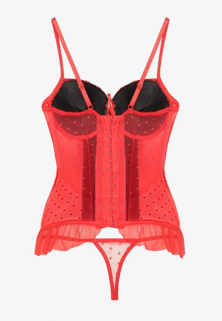  Corset din Dantelă Roșu-Negru cu Bretele Reglabile cu Chiloți String Cmiella