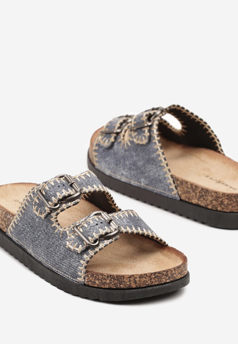 damerose Papuci Albastru închis pe Talpă Groasă de Plută Decorați cu Cusături Nuridara