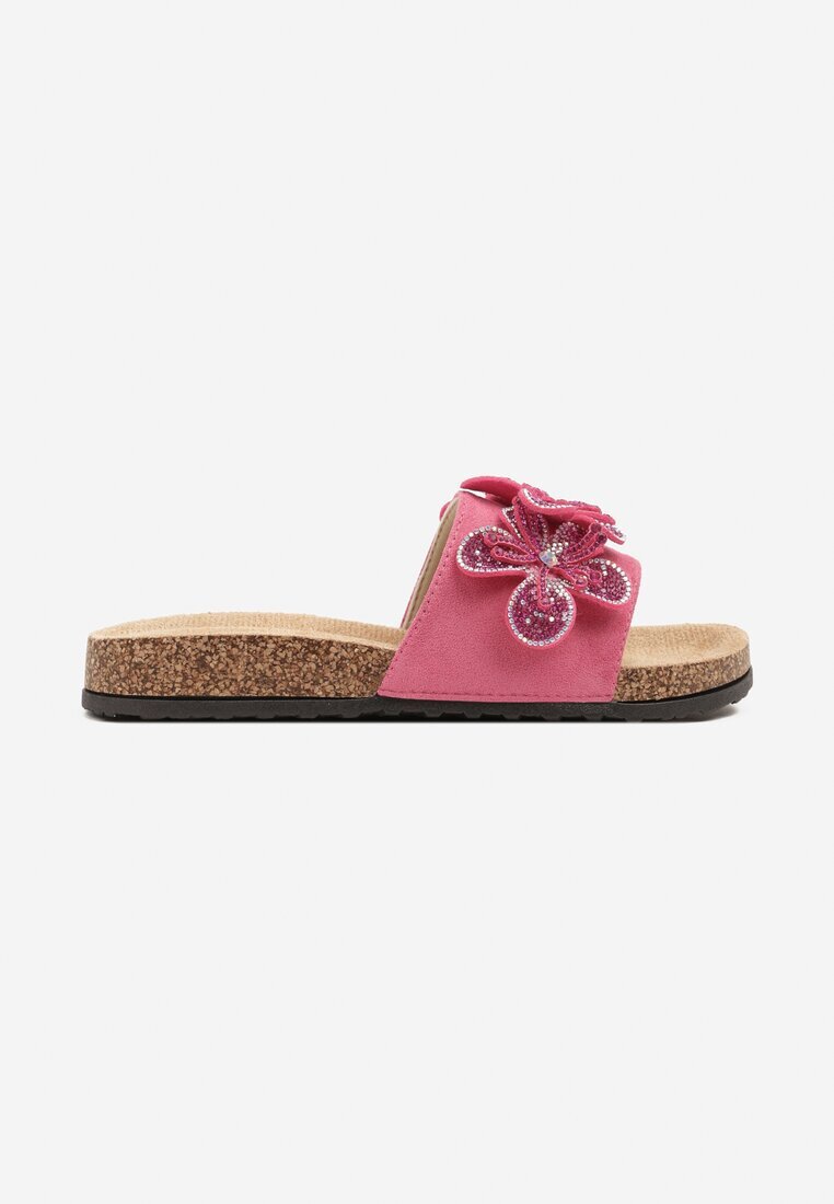 damerose Papuci Fucsia pe Talpă de Plută cu Flori Decorative cu Zirconii Liliene