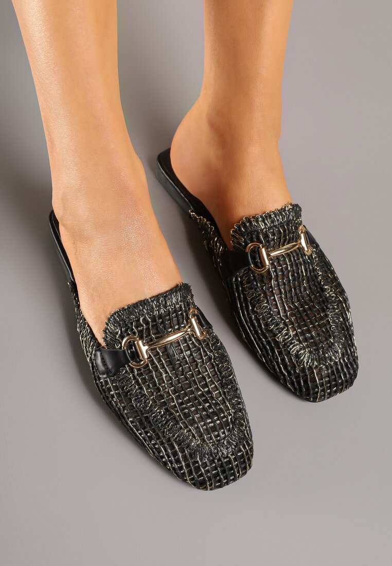 damerose Papuci mule negre din tweed cu aplicație metalică Jolritia