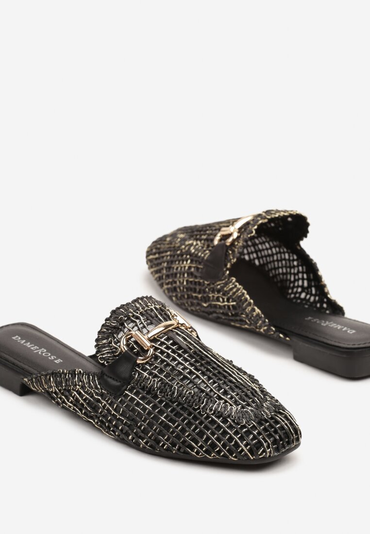 damerose Papuci mule negre din tweed cu aplicație metalică Jolritia
