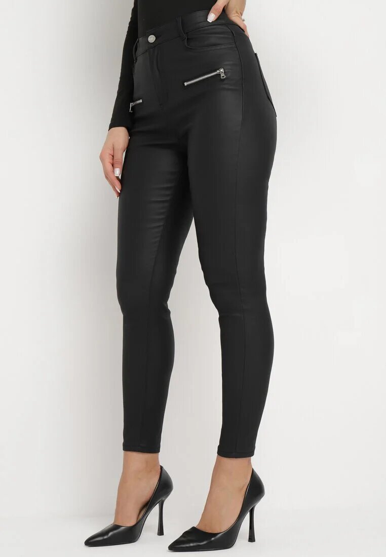 daysie Pantaloni negri Skinny din piele ecologică cu talie regulară și fermoare decorative Nalarian
