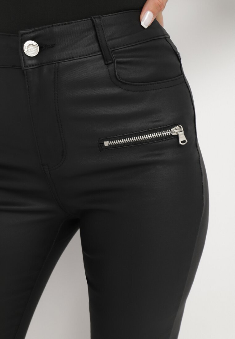 daysie Pantaloni negri Skinny din piele ecologică cu talie regulară și fermoare decorative Nalarian