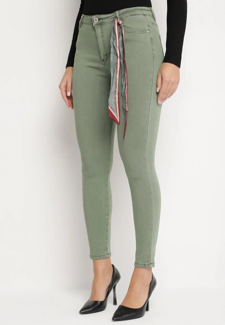 daysie Pantaloni Verde închis Skinny cu Talie Înaltă și Fundiță la Talie Diorene
